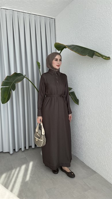 TENSEL DENİM ELBİSE - KAHVE