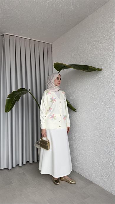 TRİKO ÇİÇEKLİ HIRKA - EKRU