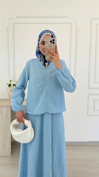 V YAKA MÜSLİN TAKIM - MAVİ