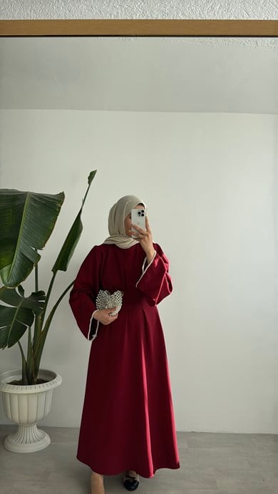 VANESA İNCİ DETAYLI ELBİSE - BORDO