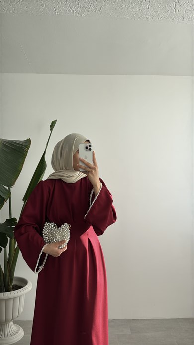VANESA İNCİ DETAYLI ELBİSE - BORDO