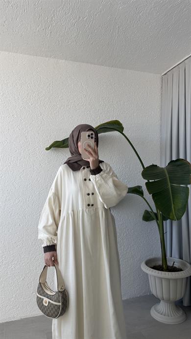 VİNTAGE YAKA MÜSLİN ELBİSE - EKRU