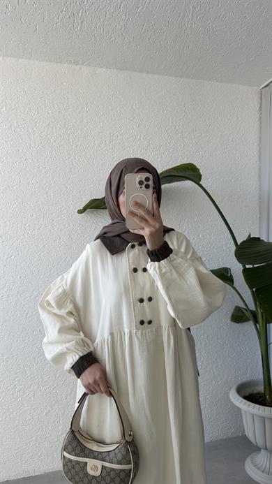 VİNTAGE YAKA MÜSLİN ELBİSE - EKRU