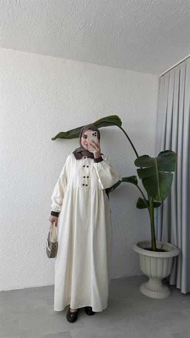 VİNTAGE YAKA MÜSLİN ELBİSE - EKRU