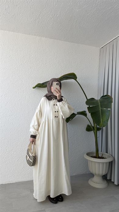 VİNTAGE YAKA MÜSLİN ELBİSE - EKRU