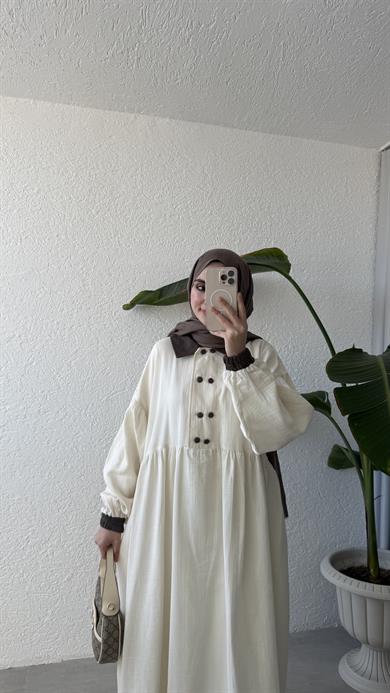 VİNTAGE YAKA MÜSLİN ELBİSE - EKRU