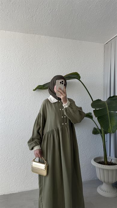 VİNTAGE YAKA MÜSLİN ELBİSE - HAKİ