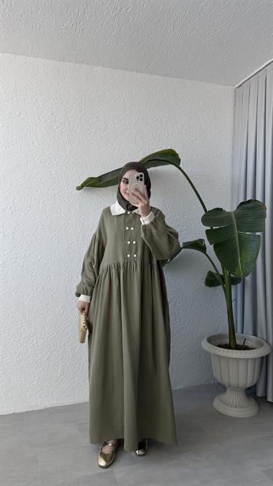 VİNTAGE YAKA MÜSLİN ELBİSE - HAKİ