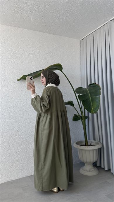 VİNTAGE YAKA MÜSLİN ELBİSE - HAKİ