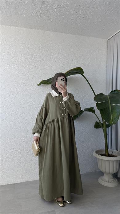 VİNTAGE YAKA MÜSLİN ELBİSE - HAKİ