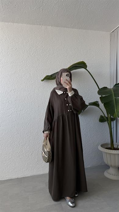 VİNTAGE YAKA MÜSLİN ELBİSE - KAHVE