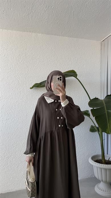 VİNTAGE YAKA MÜSLİN ELBİSE - KAHVE