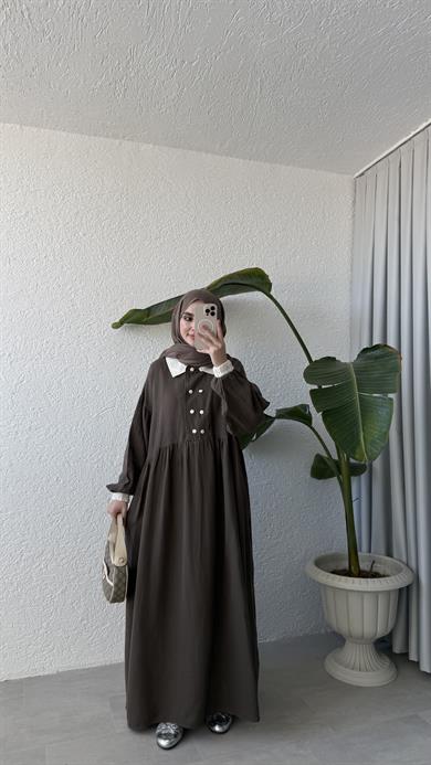 VİNTAGE YAKA MÜSLİN ELBİSE - KAHVE