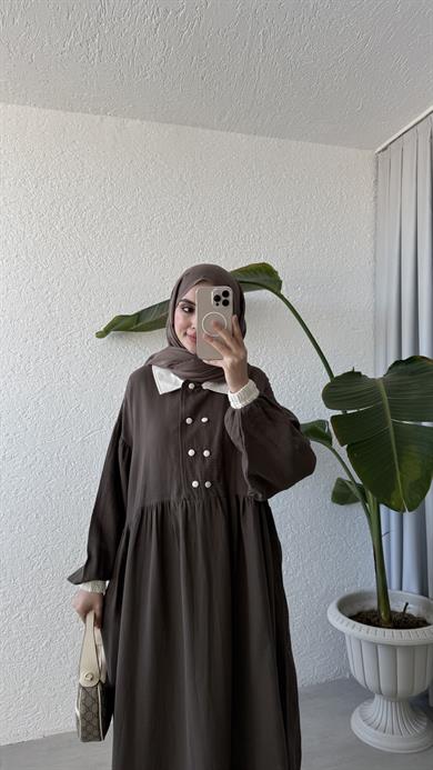 VİNTAGE YAKA MÜSLİN ELBİSE - KAHVE