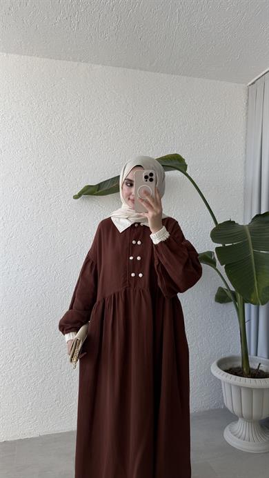 VİNTAGE YAKA MÜSLİN ELBİSE - KİREMİT