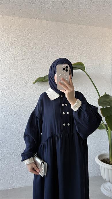 VİNTAGE YAKA MÜSLİN ELBİSE - LACİVERT