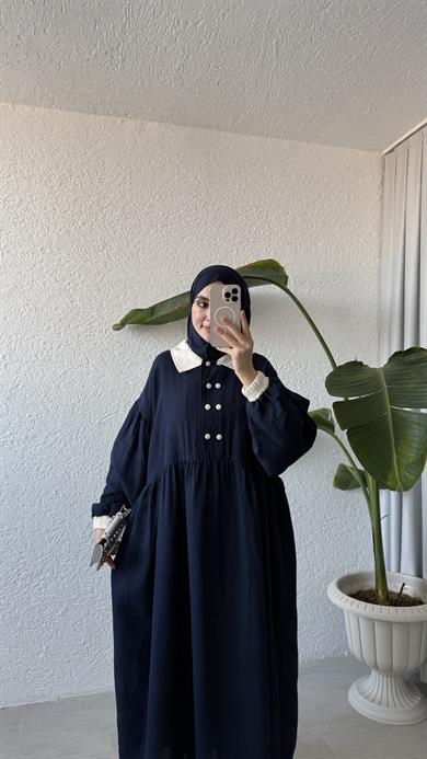 VİNTAGE YAKA MÜSLİN ELBİSE - LACİVERT