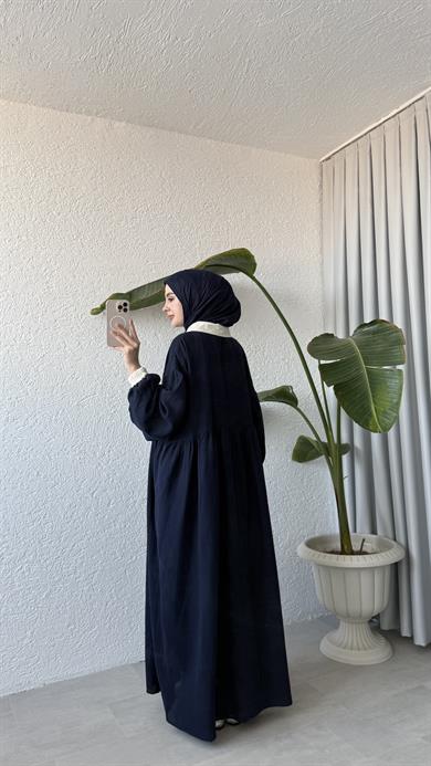 VİNTAGE YAKA MÜSLİN ELBİSE - LACİVERT