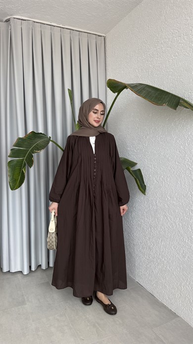 VUAL  ASTARLI PİLE ELBİSE - KAHVE