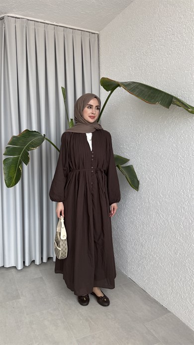 VUAL  ASTARLI PİLE ELBİSE - KAHVE