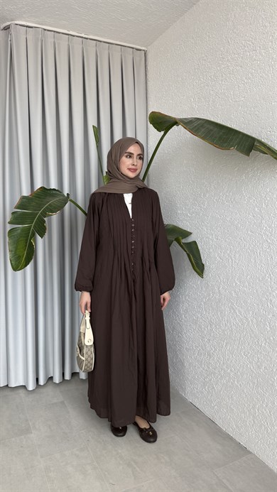 VUAL  ASTARLI PİLE ELBİSE - KAHVE