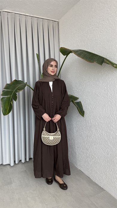 VUAL  ASTARLI PİLE ELBİSE - KAHVE