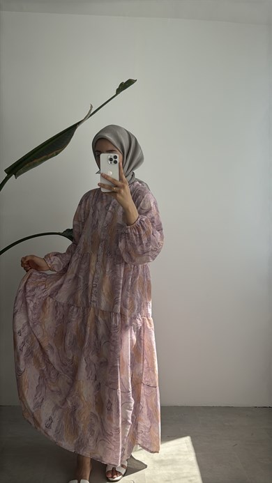 VUAL DESENLİ ELBİSE -  PEMBE