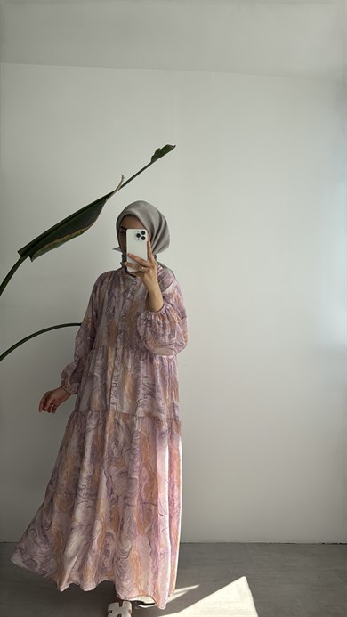 VUAL DESENLİ ELBİSE -  PEMBE