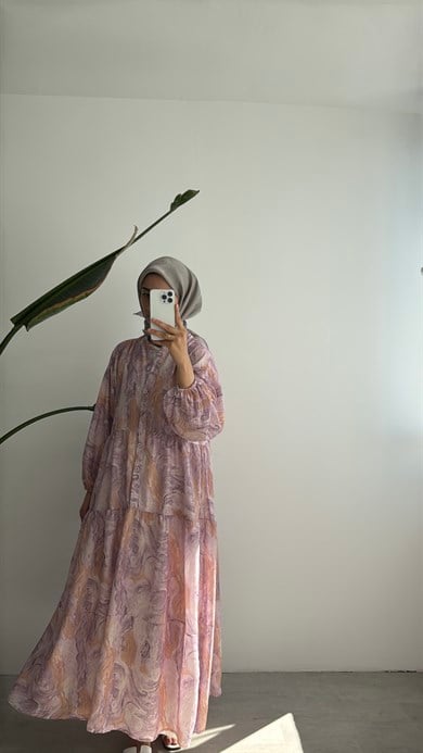 VUAL DESENLİ ELBİSE -  PEMBE
