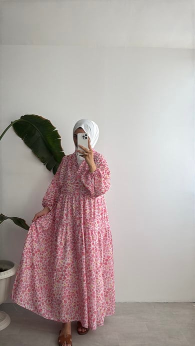 VUAL DESENLİ ELBİSE - PEMBE BAHAR