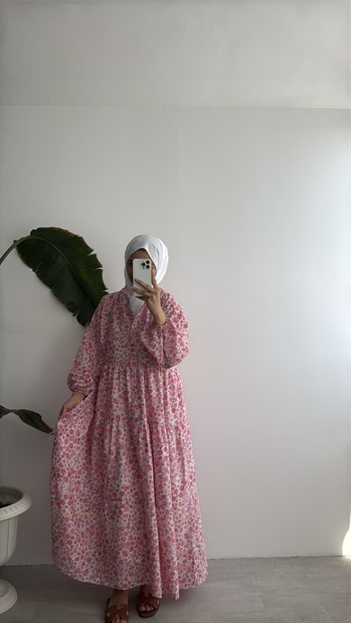 VUAL DESENLİ ELBİSE - PEMBE BAHAR