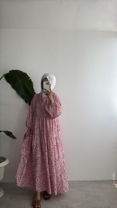VUAL DESENLİ ELBİSE - PEMBE BAHAR