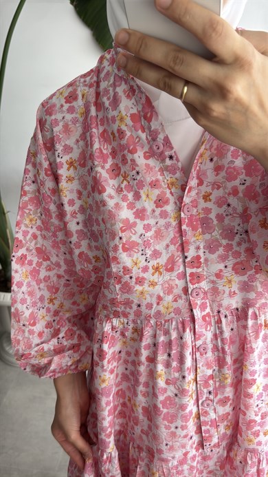 VUAL DESENLİ ELBİSE - PEMBE BAHAR