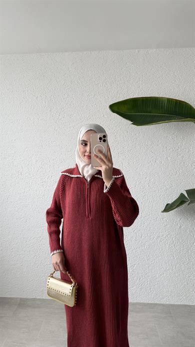 YAKA DETAYLI TRİKO ELBİSE - BORDO