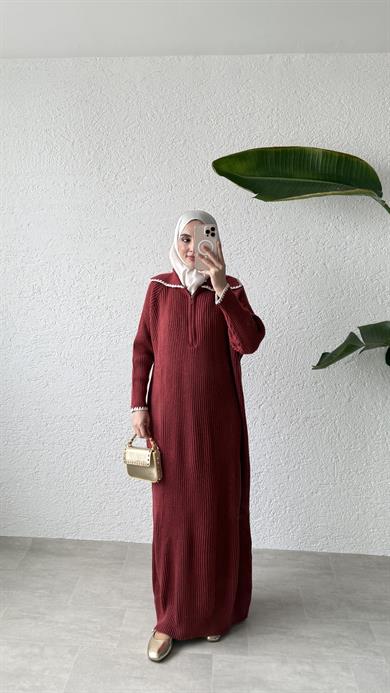 YAKA DETAYLI TRİKO ELBİSE - BORDO