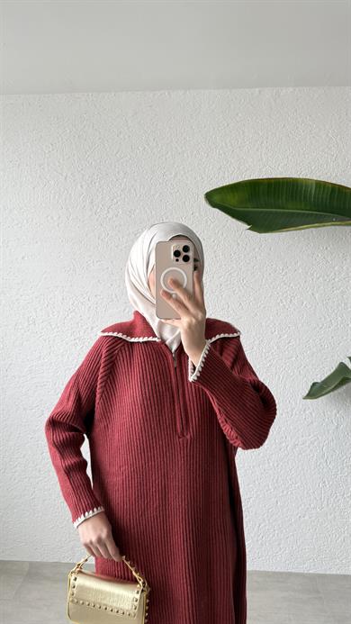 YAKA DETAYLI TRİKO ELBİSE - BORDO