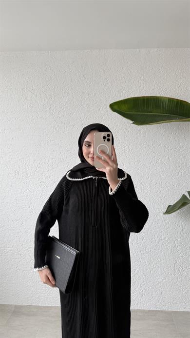 YAKA DETAYLI TRİKO ELBİSE - SİYAH