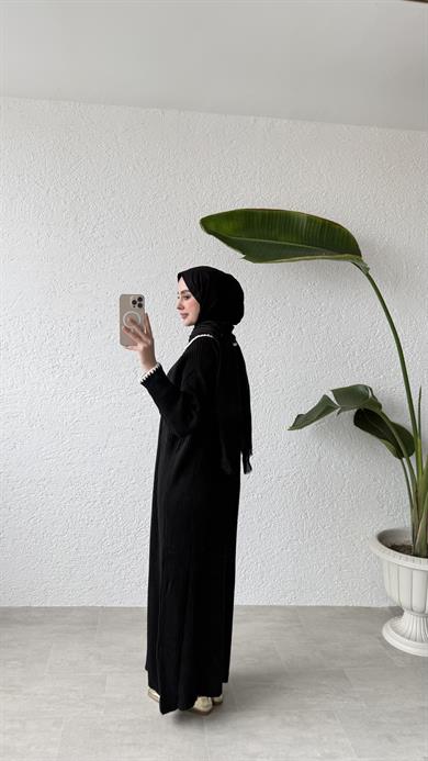 YAKA DETAYLI TRİKO ELBİSE - SİYAH