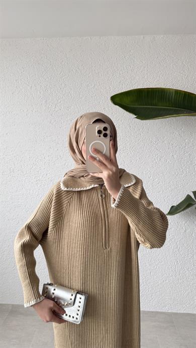 YAKA DETAYLI TRİKO ELBİSE - VİZON