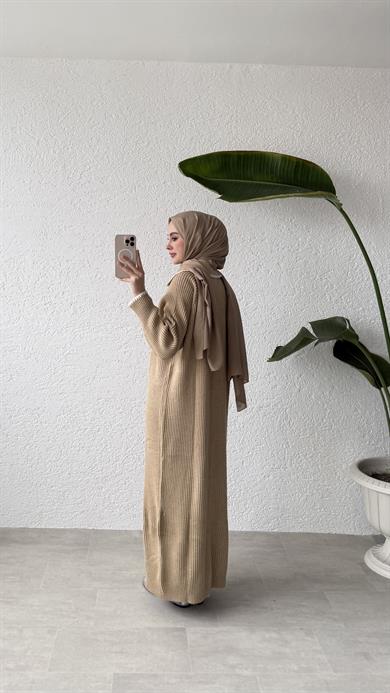 YAKA DETAYLI TRİKO ELBİSE - VİZON