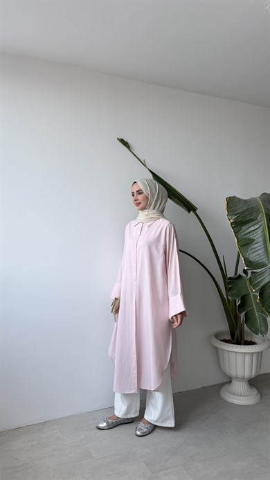 YAN YIRTMAÇLI UZUN GÖMLEK - PEMBE