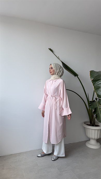 YAN YIRTMAÇLI UZUN GÖMLEK - PEMBE
