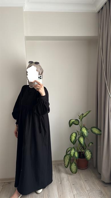 YANDAN BAĞLAMALI MÜSLİN ELBİSE - SİYAH