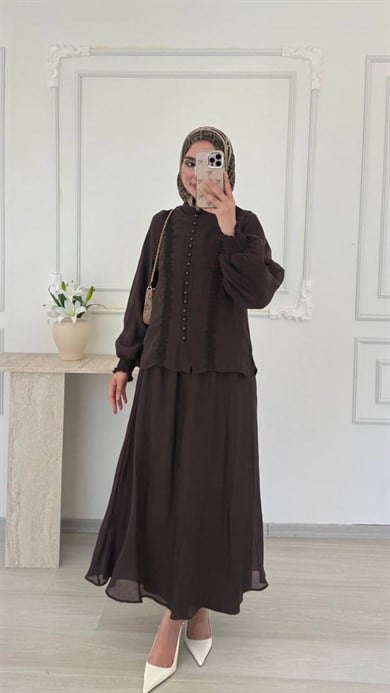 ZARİF DANTEL İŞLEMELİ TAKIM - KAHVE