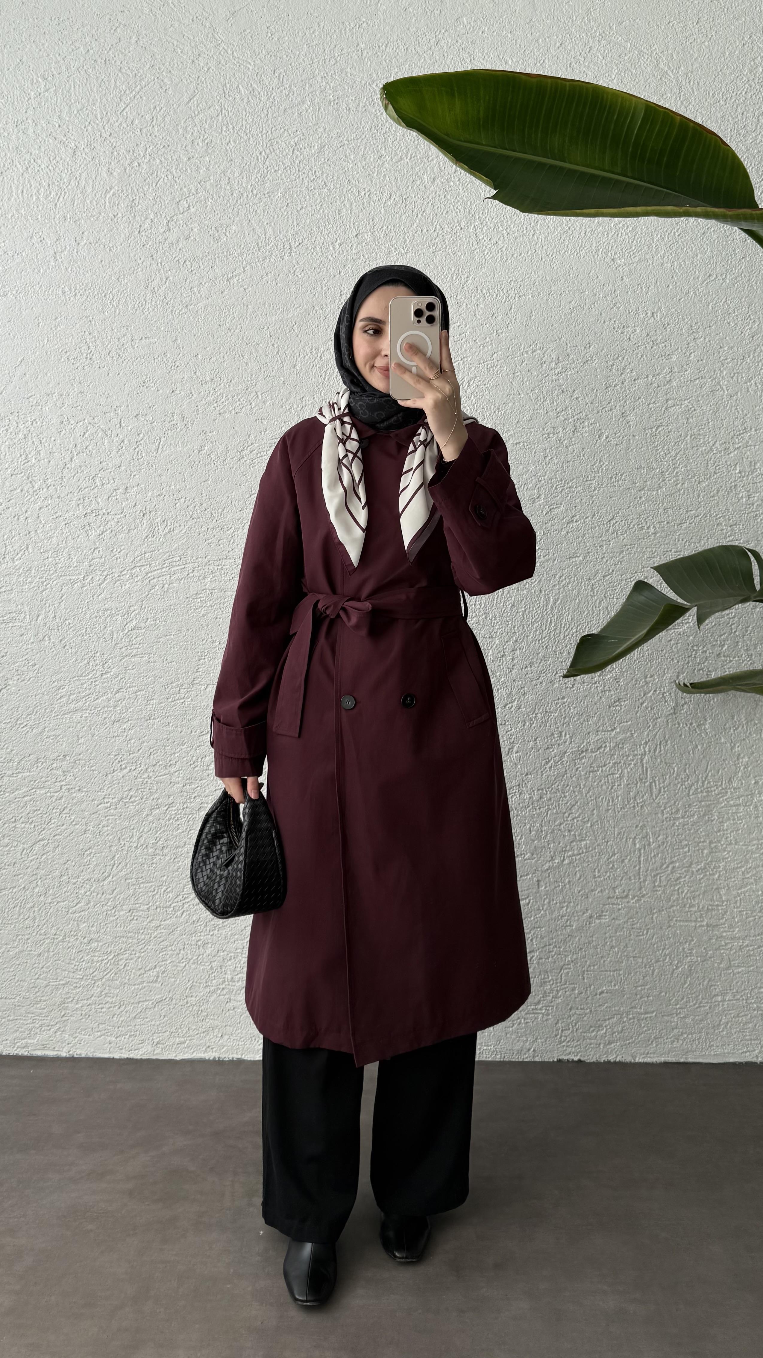 EFİL FULARLI TRENÇKOT-BORDO