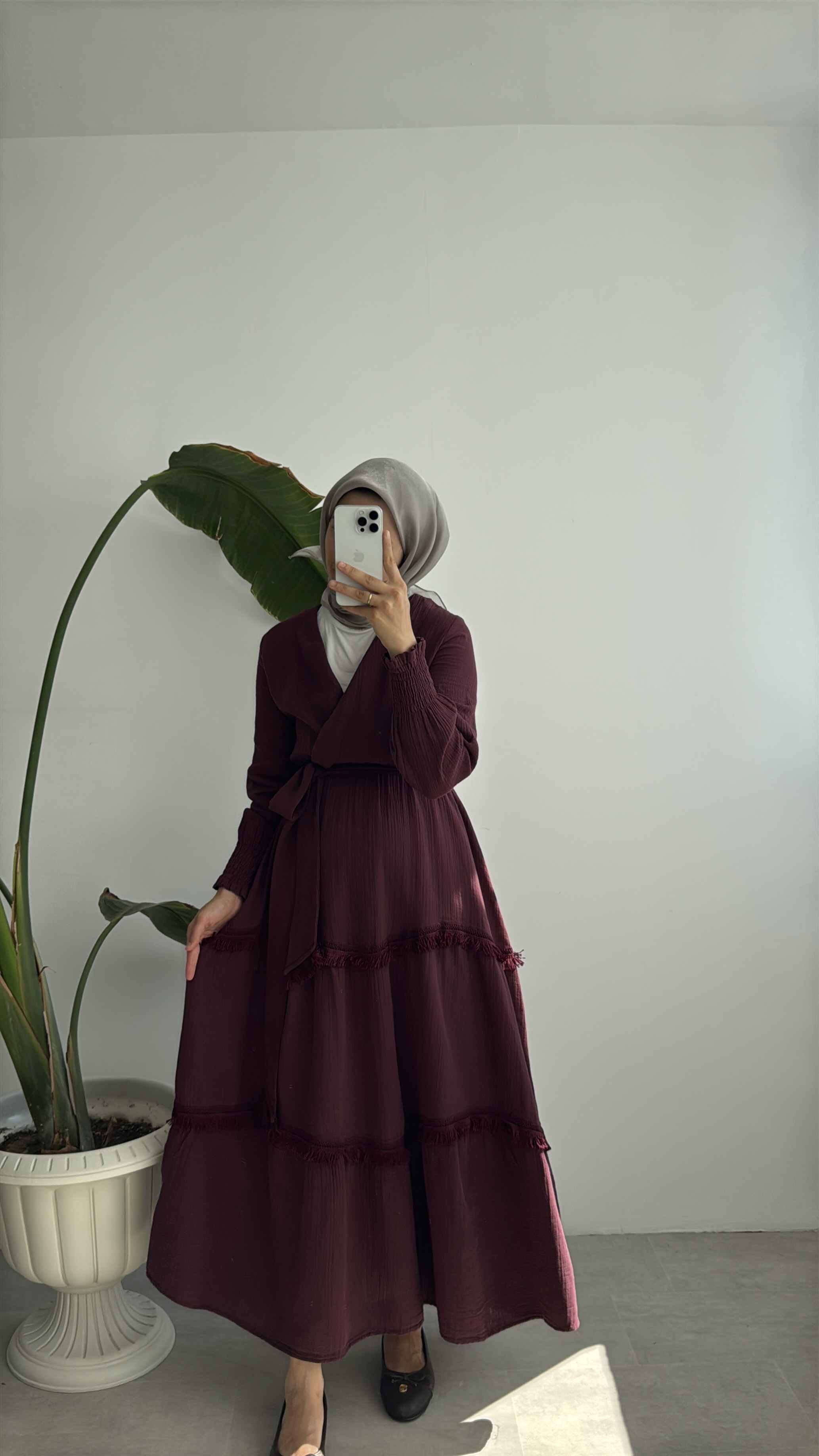 KRUVAZE YAKA ELBİSE - BORDO