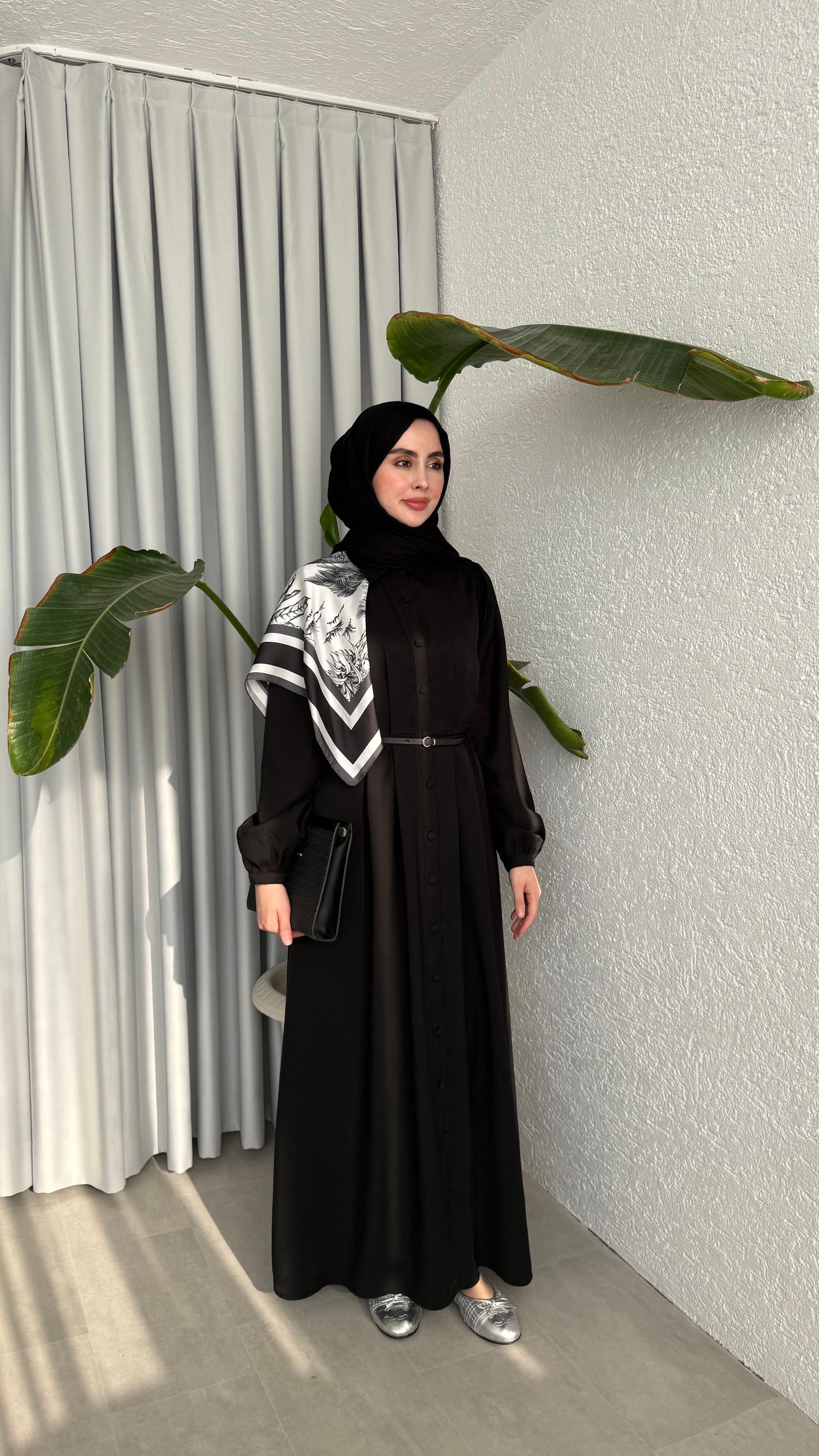 MOLLEN OMUZ ŞALLI ELBİSE -SİYAH