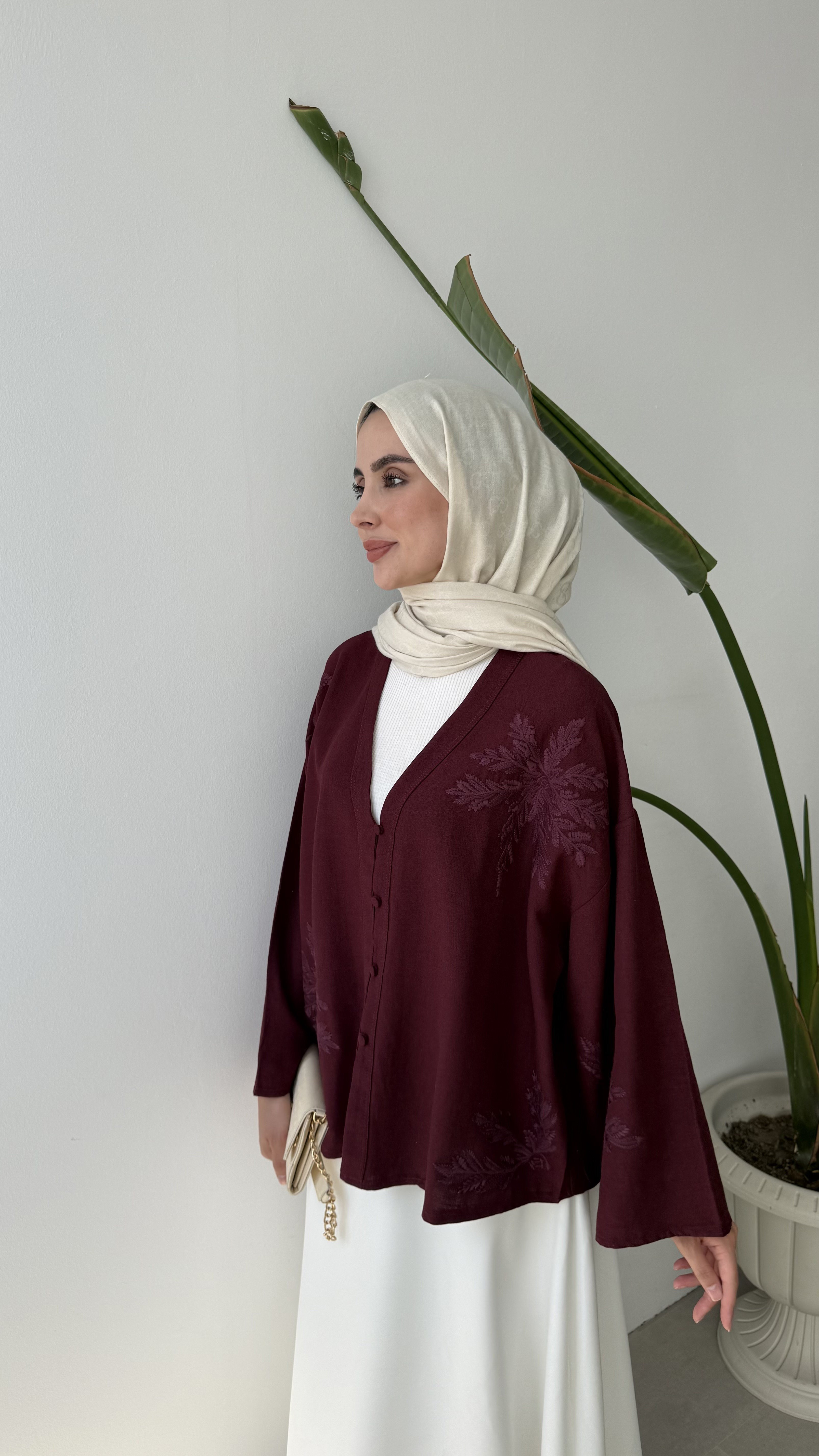 NAKIŞ DETAYLI V YAKA KİMONO - BORDO