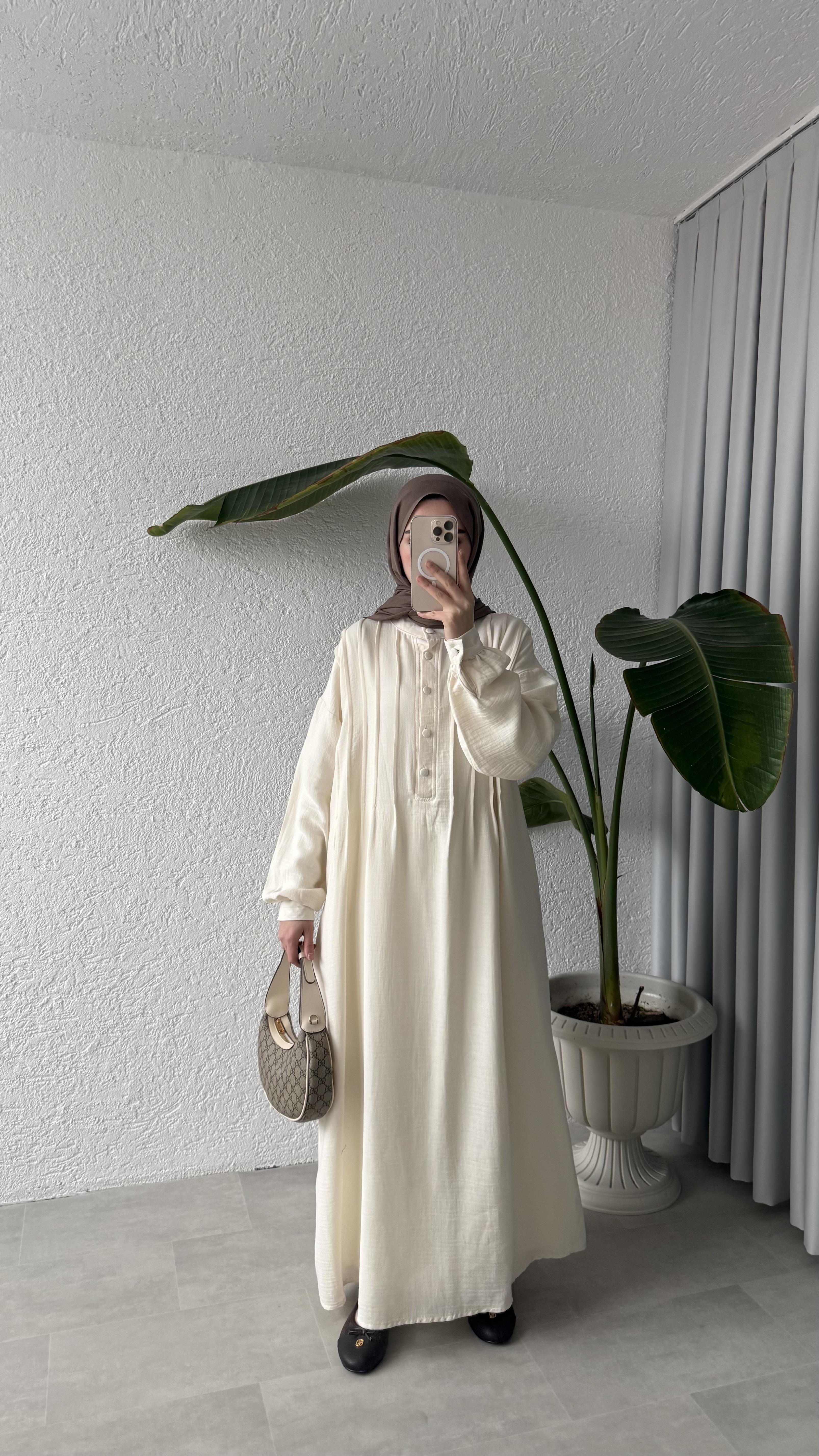 NERVÜRLÜ MÜSLİN ELBİSE - EKRU