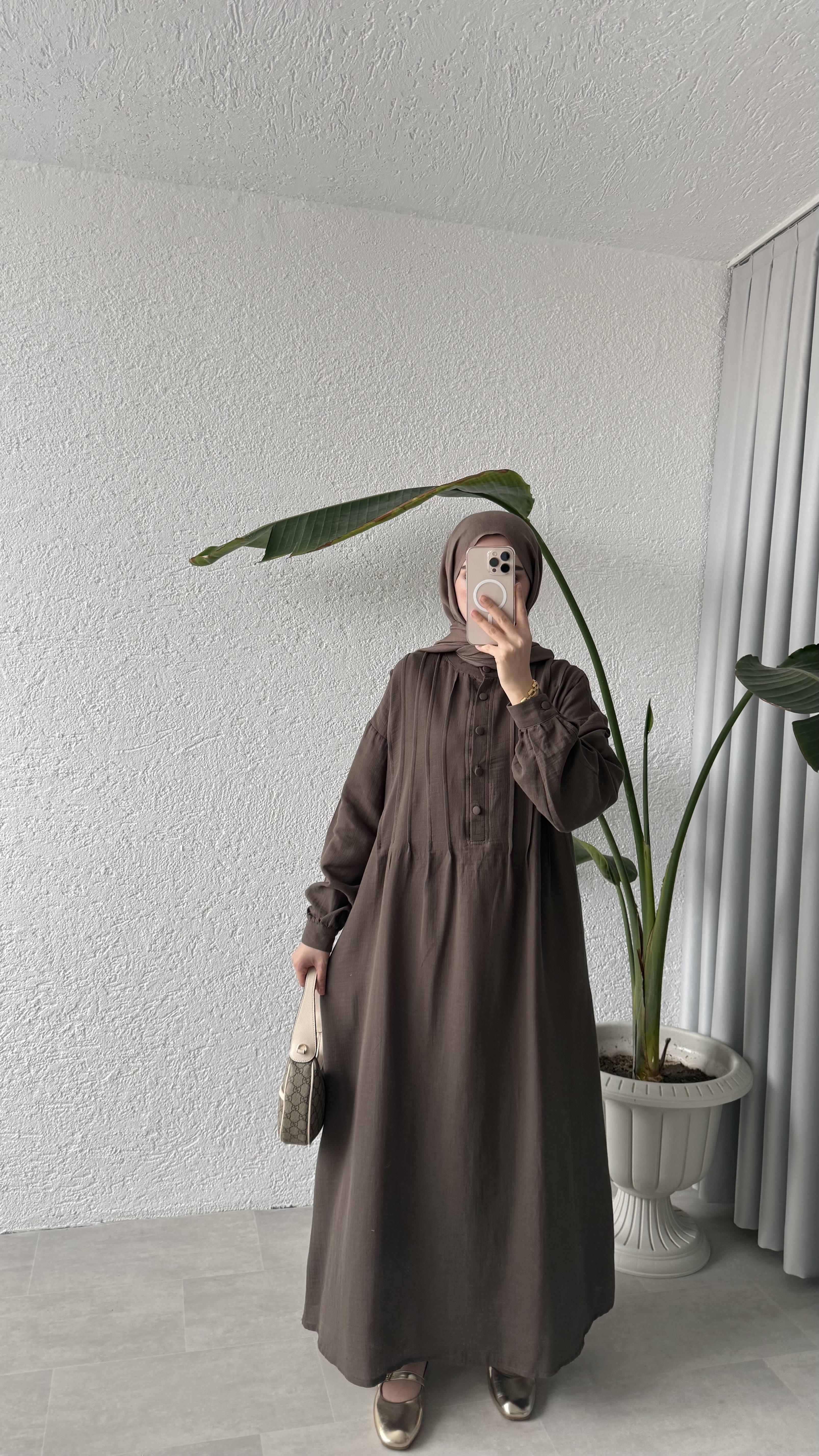 NERVÜRLÜ MÜSLİN ELBİSE - KAHVE